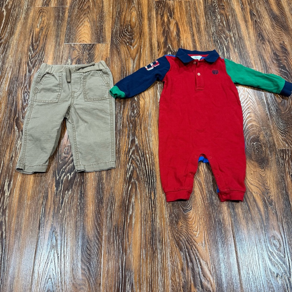 Ralph‎ Lauren 6M Tan Pants Vintage Chaps Red Green Blue Jumpsuit 9M Romper Boys